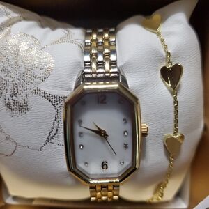 2 Piece Set Folio Mother of Pearl 22mm Octagonal Watch & Heart Bracelet